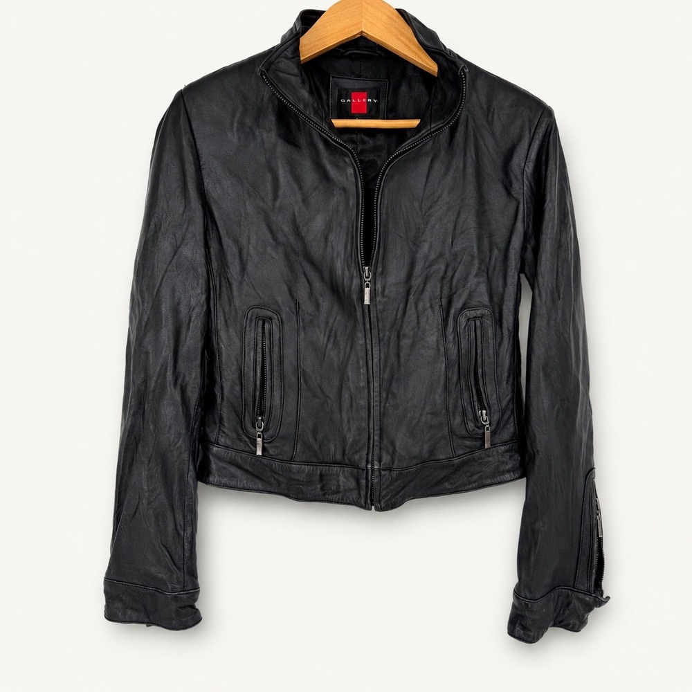 Gallery Women Small Leather Jacket Black Full Zip Moto Biker Grunge Y2K Goth